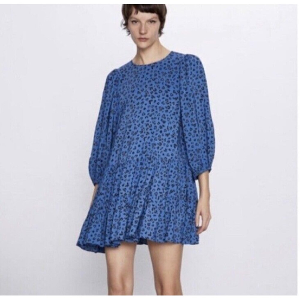 Zara Dress Size XS Blue Leopard Cheetah Babydoll‎ Tiered Ruffle Balloon Sleeve